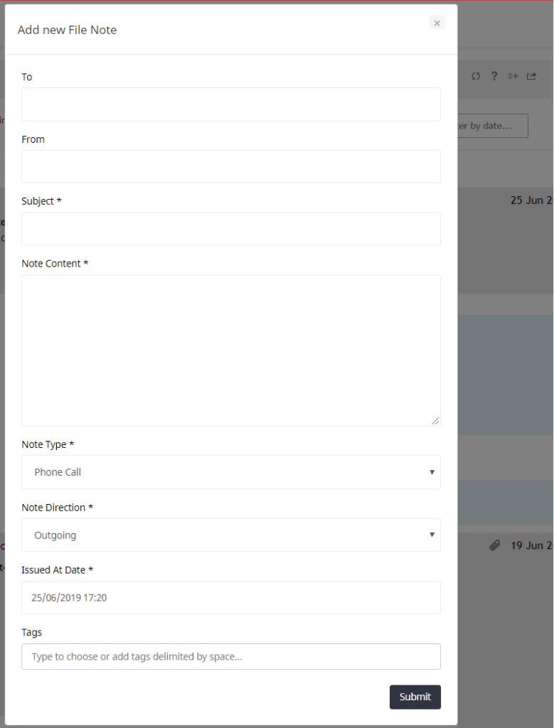 File Note pop-up modal to be completed when adding a file note to the Digital File widget.